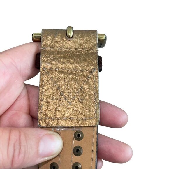 Michael Kors Belt Size Medium Brown Suede Gold Leather Trim Wide Brass Buckle - Picture 5 of 12